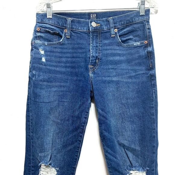 Gap Regular Girlfriend Dark Wash Blue Jeans Distressed Busted Out Knees size 4 - Picture 2 of 8